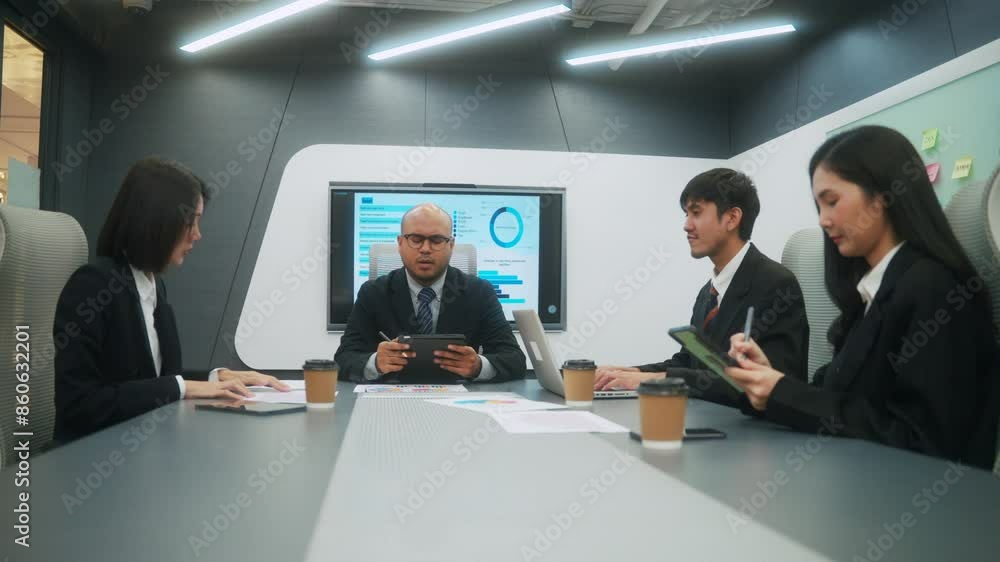 Diverse group Asian business team analyzing statistics financial meeting with stressed appearing serious and focused. Unity and diversity of position executive, manager and employee teamwork concept. Diverse group Asian business team analyzing statistics financial meeting with stressed appearing serious and focused. Unity and diversity of position executive, manager and employee teamwork concept.