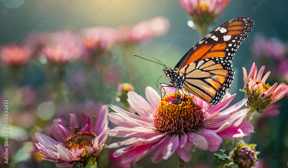 Fototapeta premium Monarch butterfly on a pink flower with blurred background