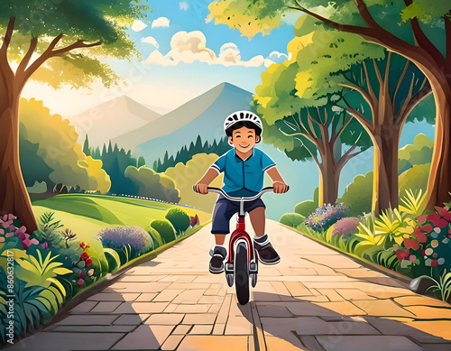  A young boy, wearing a helmet for safety, excitedly learns to ride a bicycle in a lush park_1(35) photo