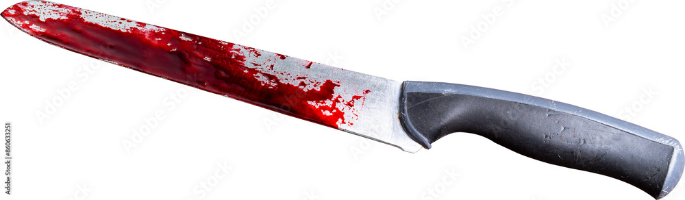 Kitchen knife with red blood stains on an isolated white background.