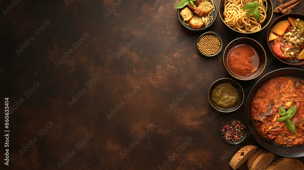 Assorted dishes on a brown background Assorted dishes on a brown background