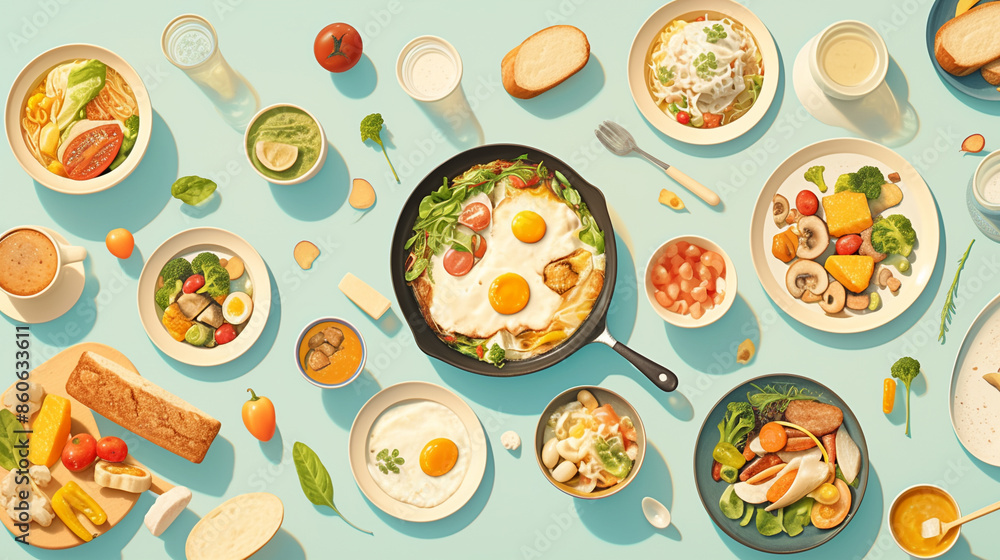 Colorful food arrangement on blue background Colorful food arrangement on blue background