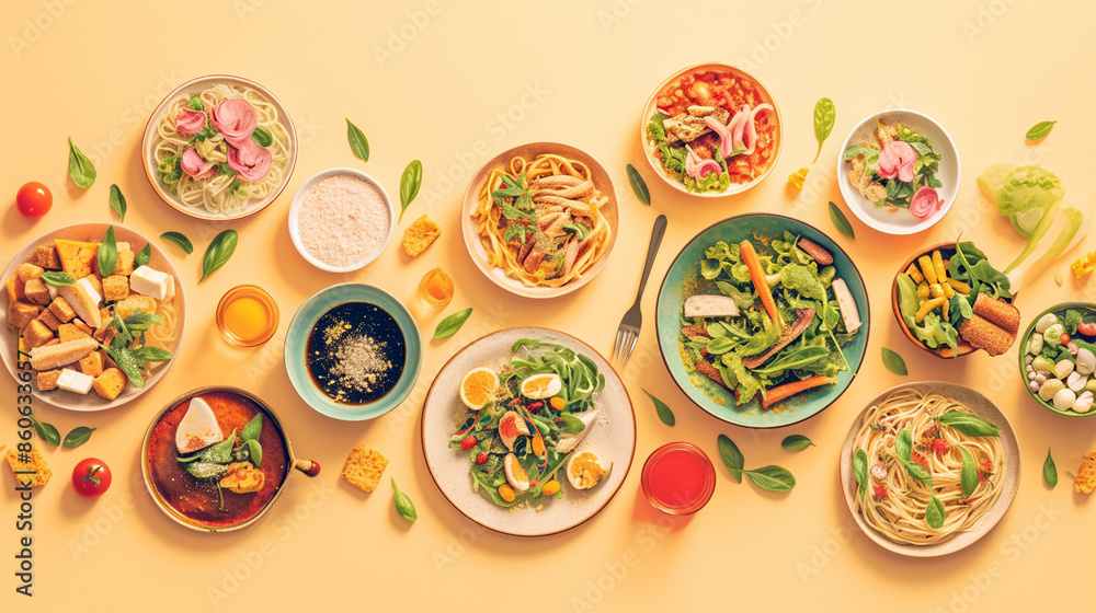 Variety of dishes on yellow background Variety of dishes on yellow background