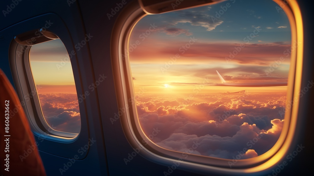 Gazing through airplane window at sunset. Gazing through airplane window at sunset.