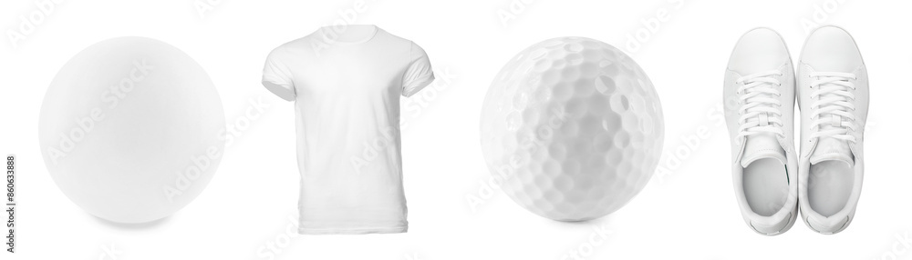 Sport equipment, t-shirt and sneakers isolated on white, set Sport equipment, t-shirt and sneakers isolated on white, set