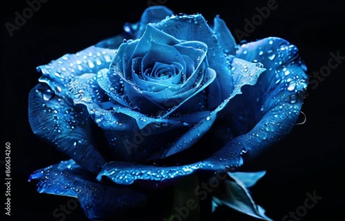 Blue rose with drops of water on black background