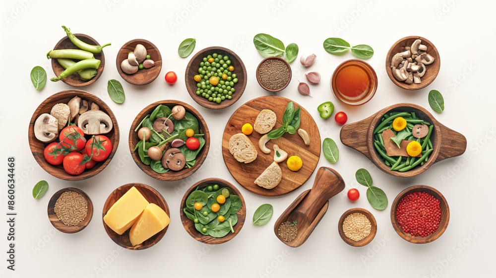Wooden bowls with various ingredients for a healthy meal Wooden bowls with various ingredients for a healthy meal