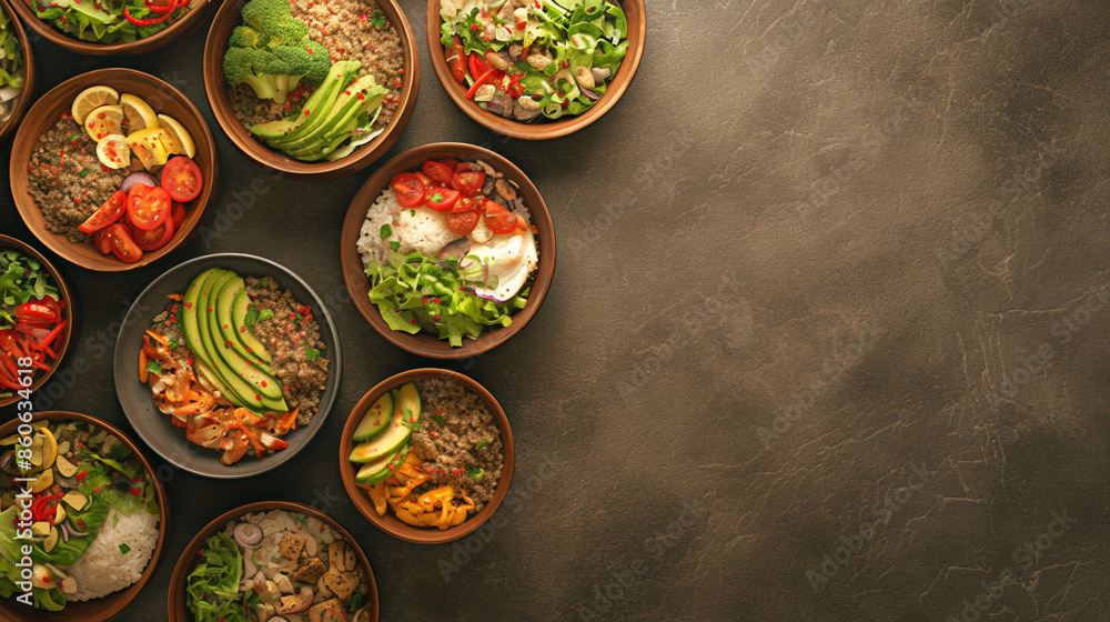 Assorted rice bowls with fresh ingredients Assorted rice bowls with fresh ingredients