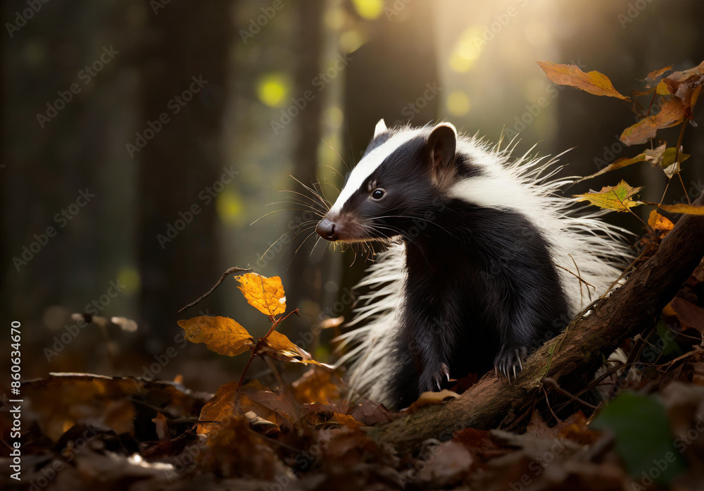 Fototapeta premium Skunk in forest leaves portrait, woodland animals, forest nature creatures
