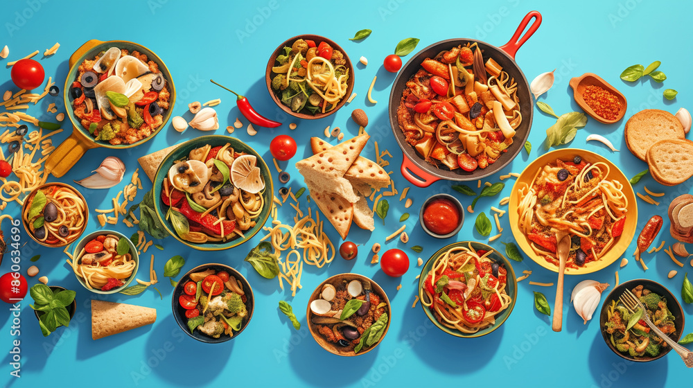 Colorful pasta dishes with vegetables and bread Colorful pasta dishes with vegetables and bread