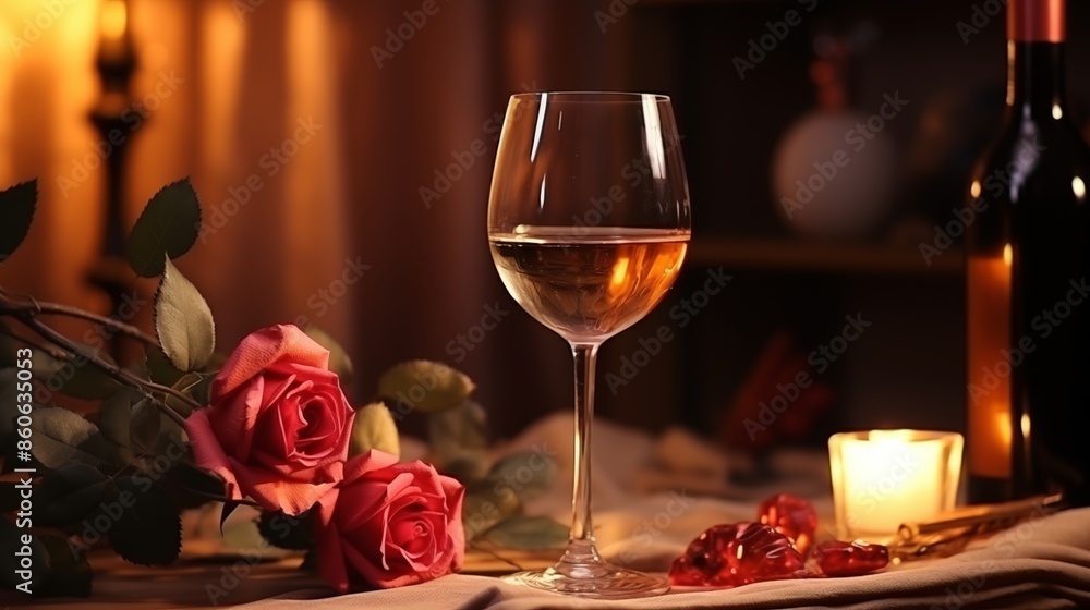 Glass of wine with rose for romantic atmosphere Glass of wine with rose for romantic atmosphere