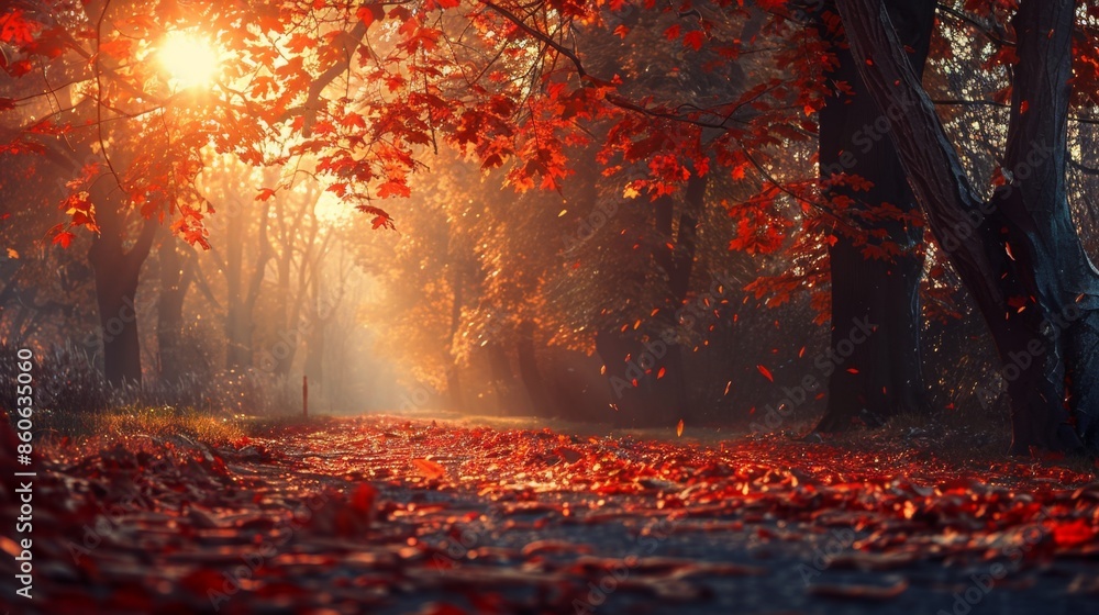 Autumn Path with Falling Leaves in the Sunlight, Generative AI Autumn Path with Falling Leaves in the Sunlight, Generative AI