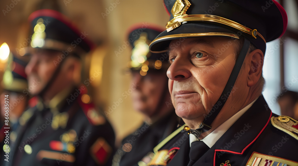 Des officiers en uniforme avec des casquettes et des insignes, alignés lors d'une cérémonie. Des officiers en uniforme avec des casquettes et des insignes, alignés lors d'une cérémonie.
