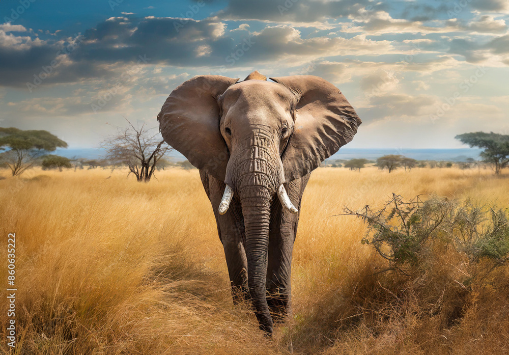 Obraz premium Elephant in tall and yellow savannah grass, savannah desert fauna, wildlife animals