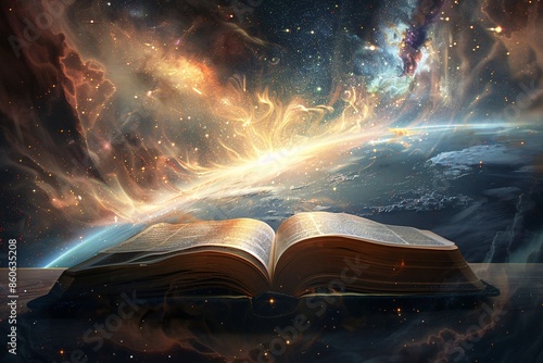 Illustrated concept of the universe's creation with an open book, earth planet, and radiant stars photo