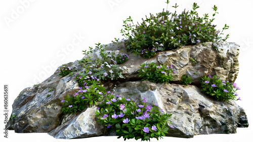 Cutout rock surrounded by flowersGarden design isolated on white background Flowering shrub and green plants for landscaping Decorative shrub and flower bed High qualit : Generative AI photo