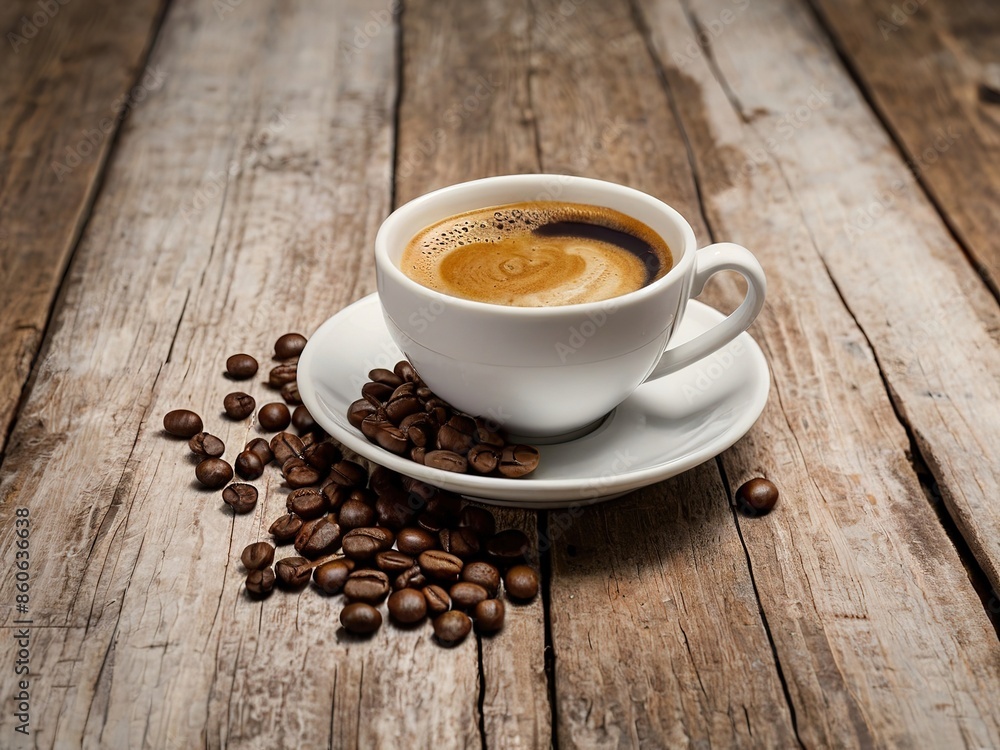 Taza de café sobre mesa de madera rústica con granos de café tostado a un lado Taza de café sobre mesa de madera rústica con granos de café tostado a un lado