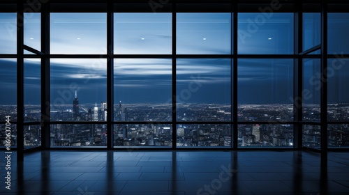 Expansive panorama capturing a night city with glowing windows in illuminated buildings photo