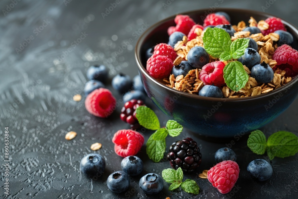 Healthy breakfast with whole grains, granola and muesli, along with a mix of fresh berries such as raspberries, blueberries, and blackberries. Healthy breakfast with whole grains, granola and muesli, along with a mix of fresh berries such as raspberries, blueberries, and blackberries.