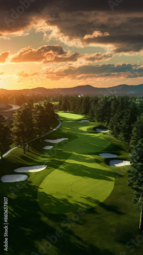 A picturesque golf course nestled amidst towering trees, bathed in the warm glow of a setting sun. photo