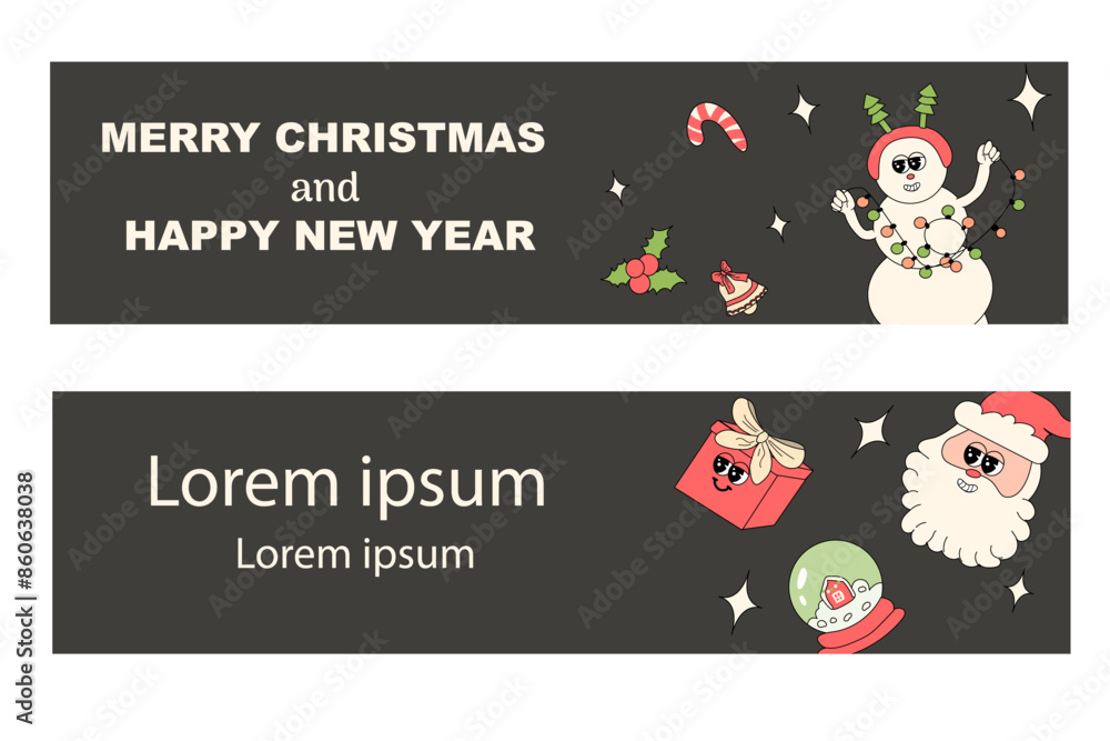 y2k new year banner with groovy characters santa and other holiday elements. Christmas groovy characters background. xmas horizontal banner. y2k new year banner with groovy characters santa and other holiday elements. Christmas groovy characters background. xmas horizontal banner.