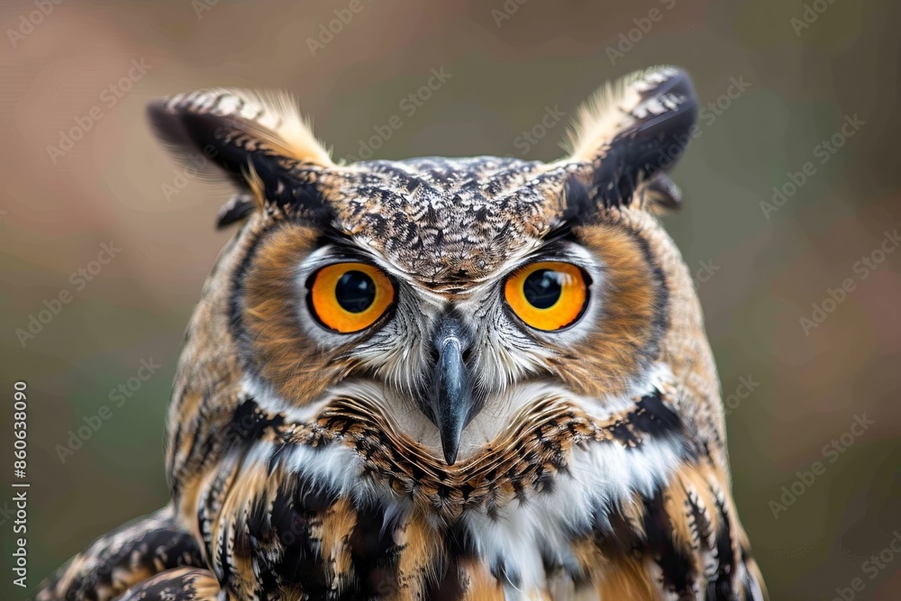 Close-up of an owl's face with piercing orange eyes. Close-up of an owl's face with piercing orange eyes.