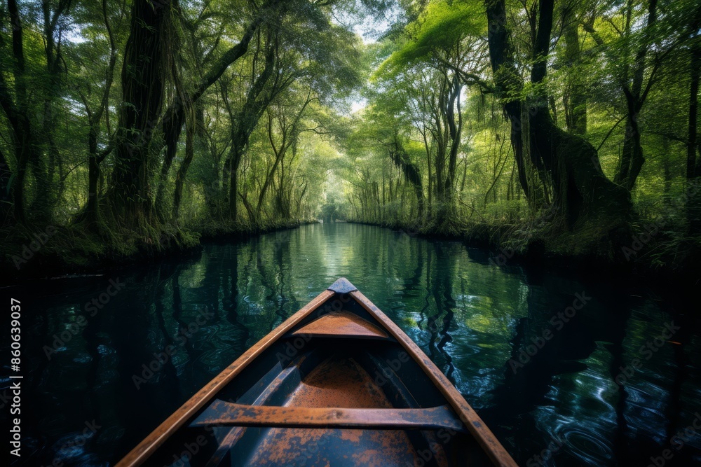 Fototapeta premium Eco conscious travel exploring nature by canoe on a tranquil river, embracing sustainable tourism
