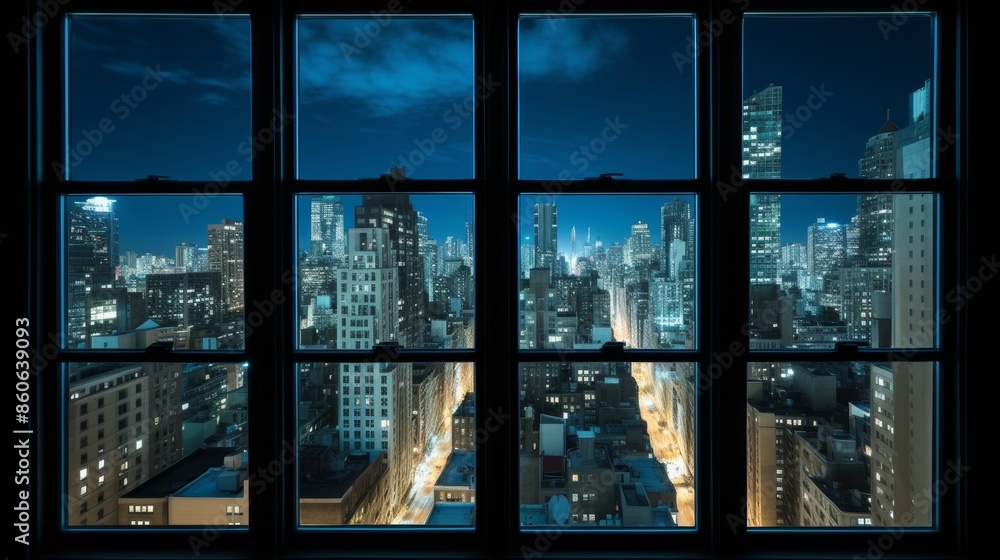 Panoramic view of city at night with glowing windows for stunning urban landscape Panoramic view of city at night with glowing windows for stunning urban landscape