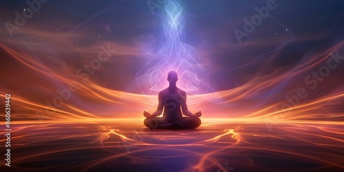 Embrace cosmic flow release attachment and bask in spiritual enlightenment. Concept Spiritual Growth, Self-Discovery, Cosmic Connection, Mindfulness Practice, Enlightenment Journey © Ян Заболотний