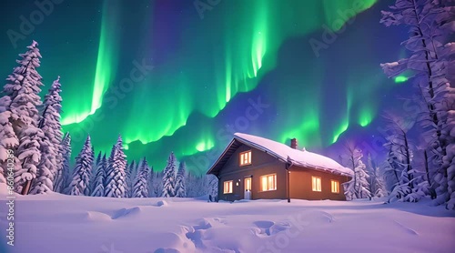 Time lapse of vivid Aurora (Northern Lights) over a winter scene with a forest and cabin in the foreground photo