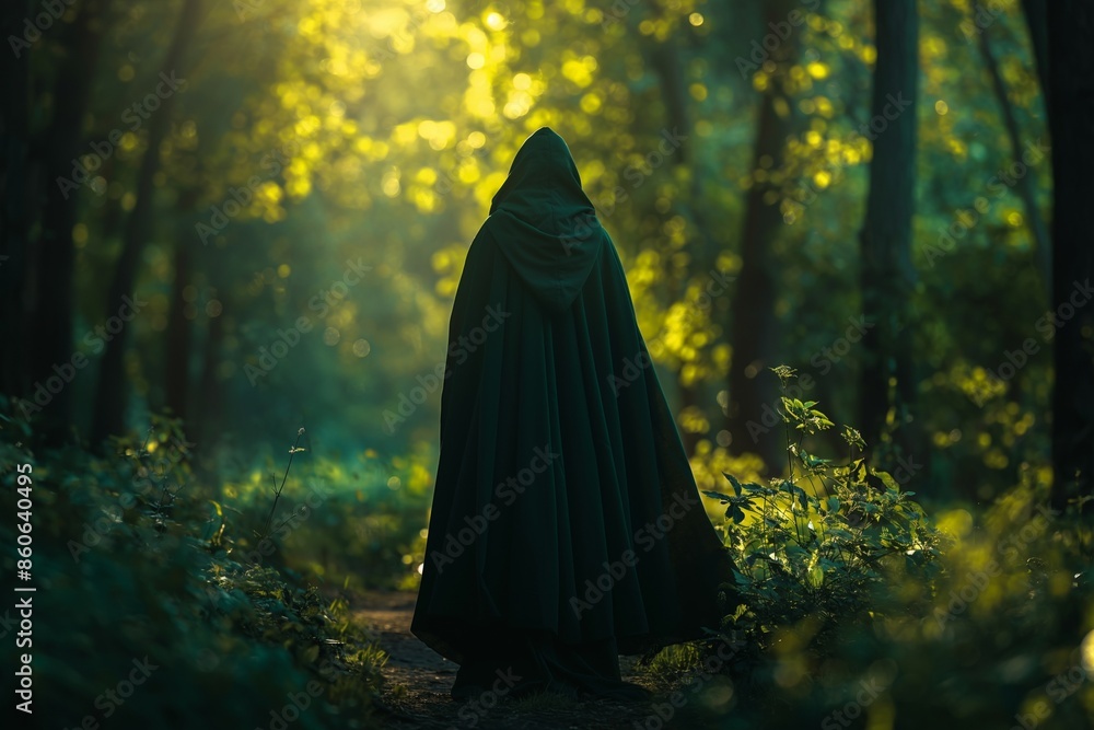 Enigmatic Cloaked Figure Walking Through Sunlit Forest, Halloween Horror Costume Concept Enigmatic Cloaked Figure Walking Through Sunlit Forest, Halloween Horror Costume Concept