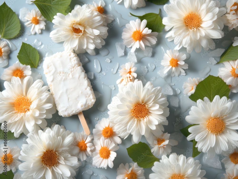 Obraz premium Summer Popsicle and Daisies: Refreshing Ice Cream with Fresh White Flowers and Green Leaves