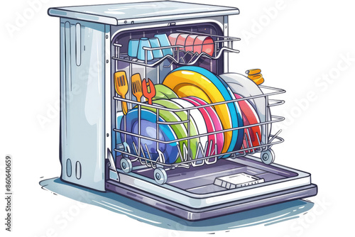 A cartoon illustration of a full dishwasher with colorful plates and utensils.