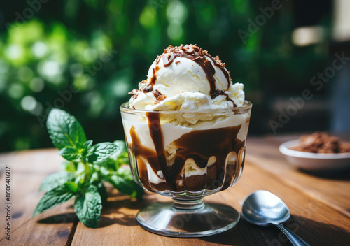 Delicious ice cream sundae with chocolate sauce in a glass bowl with mint leaves on a wooden table in Outdoor Setting