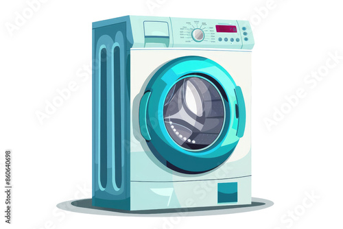 A cartoon illustration of a white washing machine with a blue door.