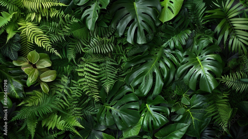 A vibrant close-up of lush tropical forest foliage, showcasing a variety of green leaves and textures. Generative AI A vibrant close-up of lush tropical forest foliage, showcasing a variety of green leaves and textures. Generative AI
