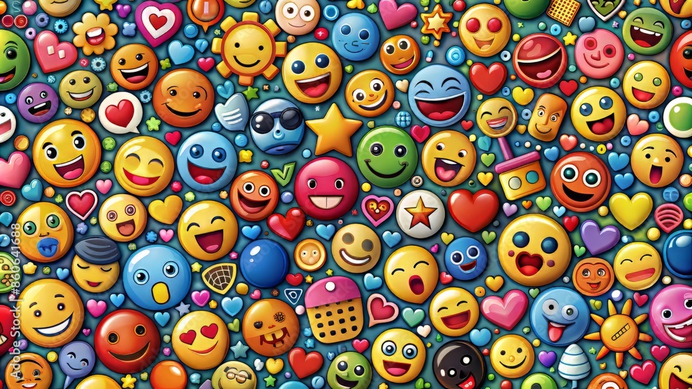 Vibrant colorful icons filling the frame, featuring diverse emotions, objects, and symbols, showcasing the evolution of digital expression from simple faces to nuanced communication tools. Vibrant colorful icons filling the frame, featuring diverse emotions, objects, and symbols, showcasing the evolution of digital expression from simple faces to nuanced communication tools.