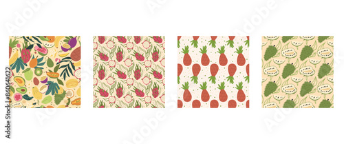 Various tropical fruits seamless patterns collection. Dragon fruit, pineapple and guanabana endless background set. Summer healthy food repeat covers. Vector flat hand drawn illustration.