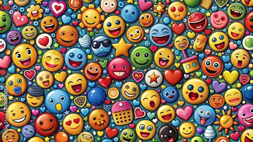 Vibrant colorful icons filling the frame, featuring diverse emotions, objects, and symbols, showcasing the evolution of digital expression from simple faces to nuanced communication tools.