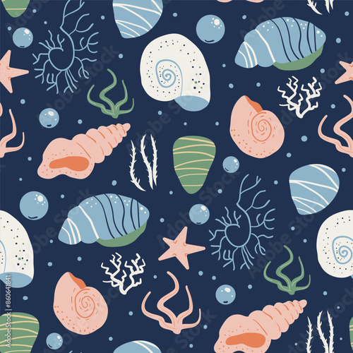 Barnacles seamless pattern. Shells endless background. Underwater world repeat cover. Vector hand drawn flat illustration.