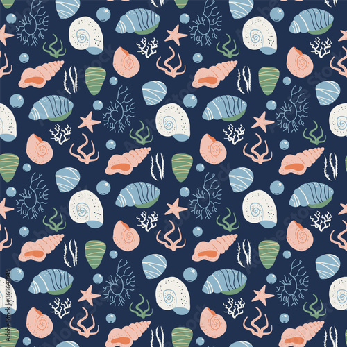 Playful marine life-inspired seamless pattern with stylized seashells, starfish, and coral on a dark blue backdrop. Perfect for nautical-themed textiles and decor. Vector hand drawn flat illustration.