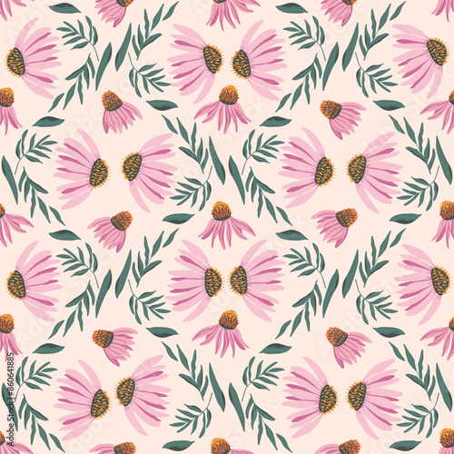 Coneflowers seamless pattern. Purple echinacea continuous backdrop. Floral endless background. Happy summer rustic mood. Stylized botanical repeat cover. Vector flat hand drawn illustration.