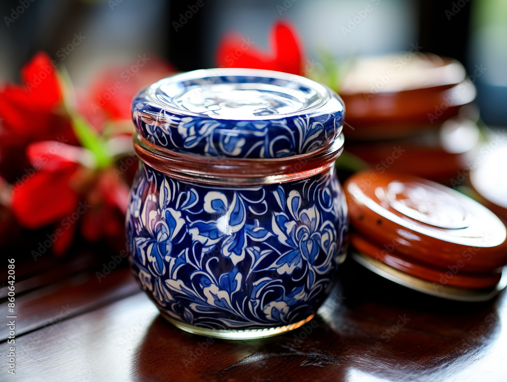 Ceramic jar with floral pattern on a wooden table. Selective focus. Ceramic jar with floral pattern on a wooden table. Selective focus.