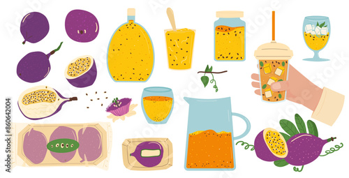 Passion fruits and products set. Tropical fruit juice, sorbet and jam clipart. Homemade passiflora preserved food collection. Vector illustration isolated on white background.