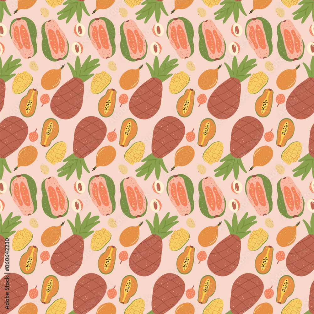 Vibrant seamless pattern with illustrations of tropical fruits including pineapples, papayas, and guava with fruit slices, exuding a sunny, exotic vibe. Vector hand drawn flat illustration. Vibrant seamless pattern with illustrations of tropical fruits including pineapples, papayas, and guava with fruit slices, exuding a sunny, exotic vibe. Vector hand drawn flat illustration.