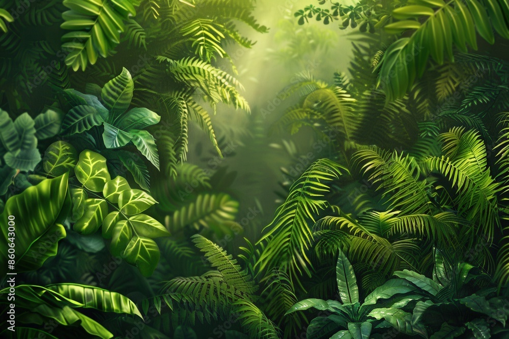 Fototapeta premium Dense foliage of a tropical rainforest with sunbeams shining through the leaves. Generative AI