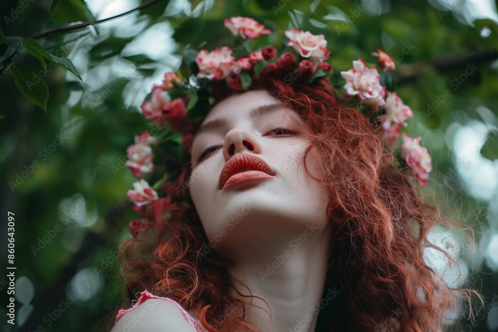 Serene Redhead Woman with Floral Crown in Nature Serene Redhead Woman with Floral Crown in Nature