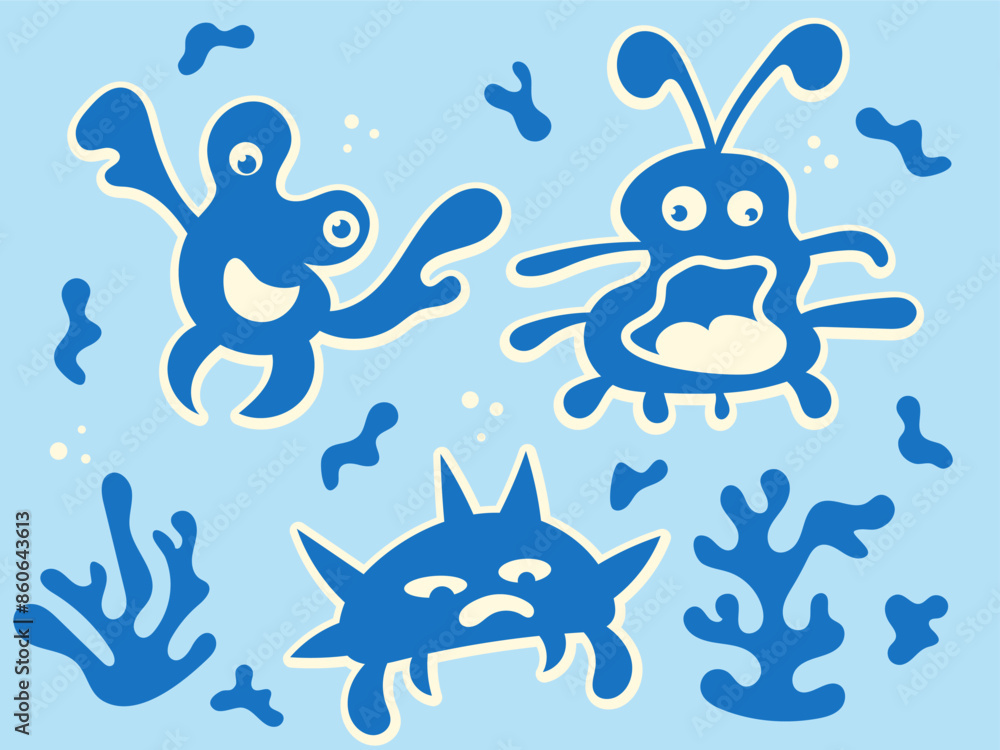Doodle-style stickers with sea monsters in blue. Doodle-style stickers with sea monsters in blue.