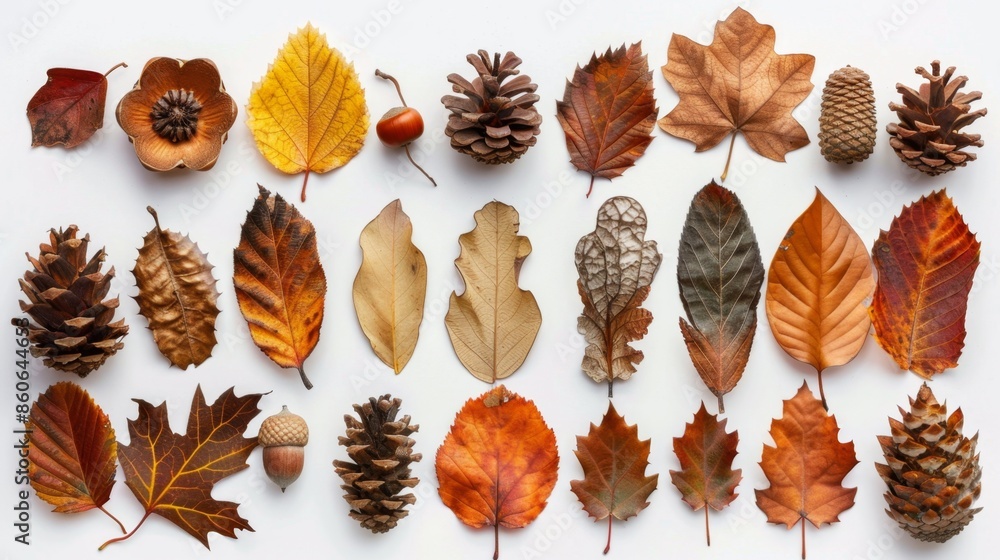 Collection of Autumn Leaves and Pine Cones on White Background, Generative AI Collection of Autumn Leaves and Pine Cones on White Background, Generative AI