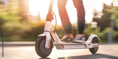 A person rides an ecofriendly electric scooter through a sunny urban street. Concept Urban Mobility, Eco-Friendly Transportation, Electric Scooter, Sustainable Living, City Commute photo